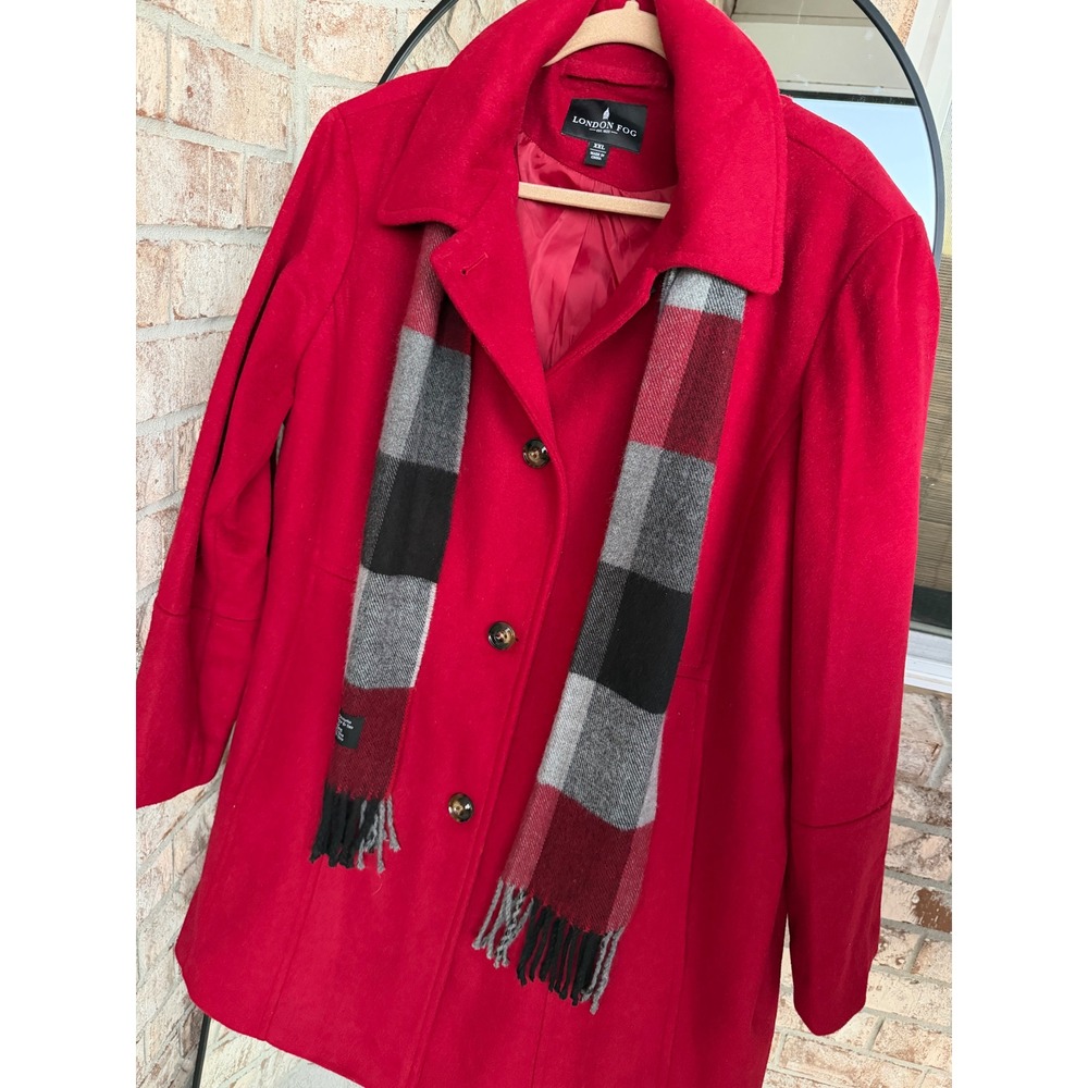 London Fog Red Wool Blend Pea Coat with Plaid Scarf XXL 7122964BSC Womens